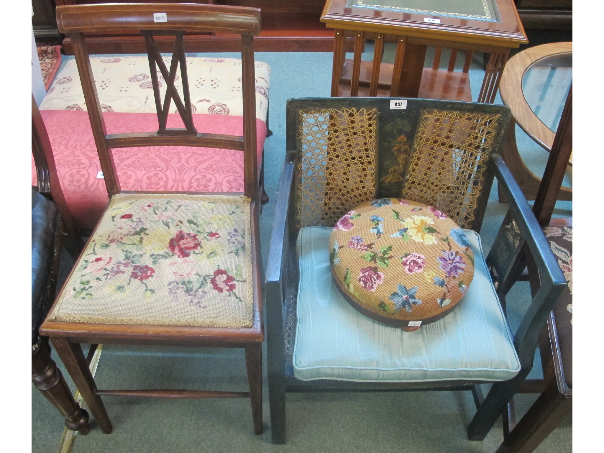 Appraisal: A painted cane back chair with footstool and another