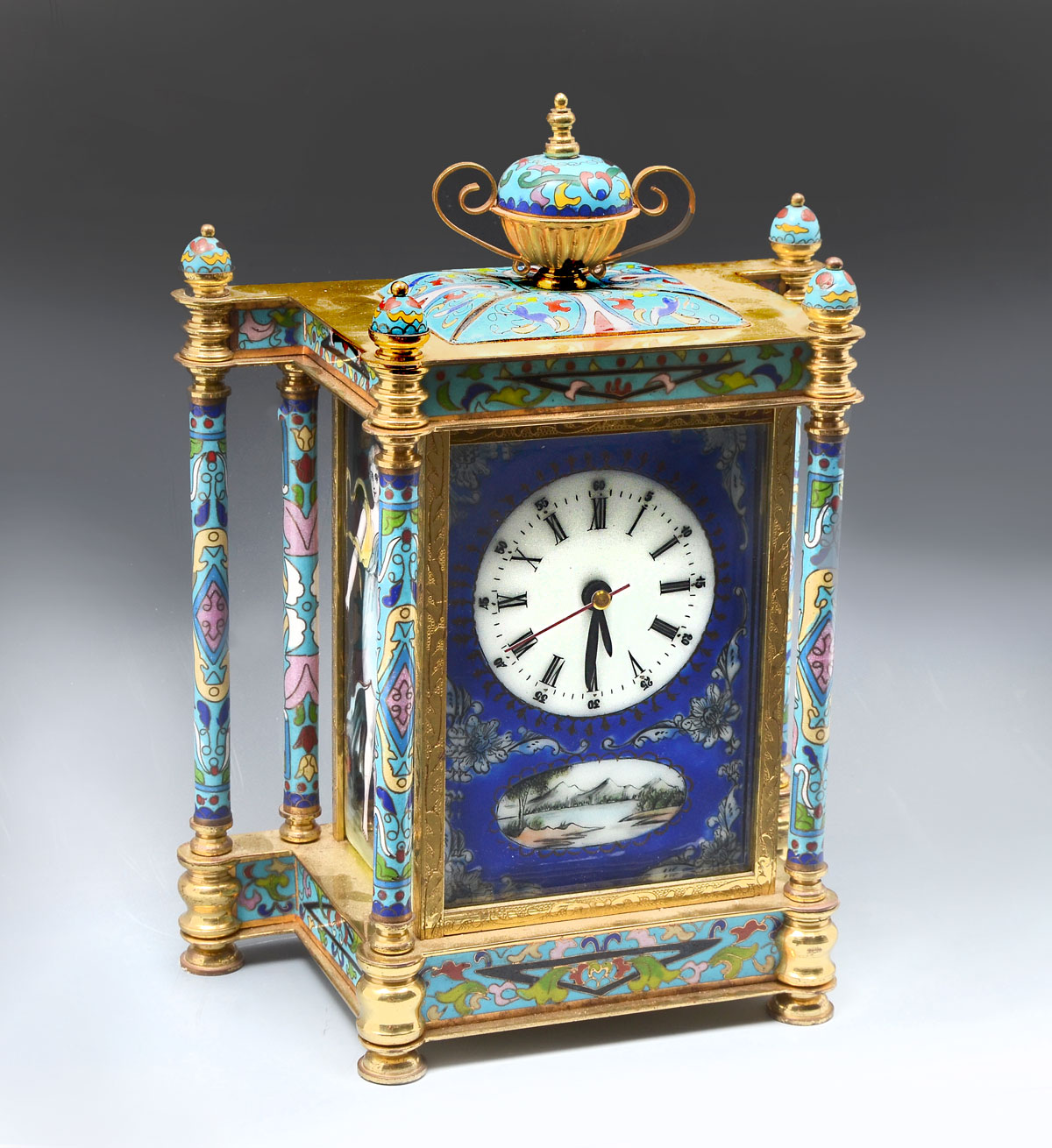 Appraisal: CHINESE CLOISONNE MANTLE CLOCK Blue ground cloisonne brass Chinese mantle