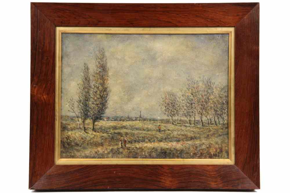 Appraisal: OOB - Impressionist Spring Landscape with Figures and Distant Town