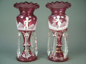 Appraisal: Pair of Cranberry glass lustres with Mary Gregory style decoration