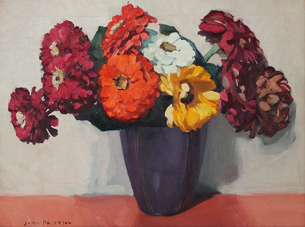 Appraisal: Jane Peterson Nine Zinnias in Purple Vase Oil on Canvas