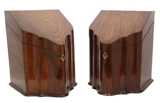 Appraisal: pair Georgian style mahogany cutlery boxes slanted lid serpentine front