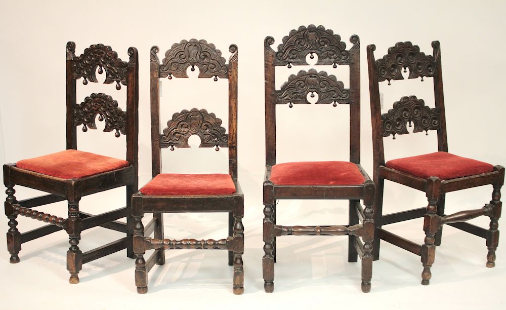 Appraisal: Matched Set of English Jacobean Oak Side Chairs Crimson velvet