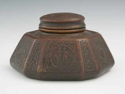 Appraisal: A Tiffany Studios Zodiac Bronze Inkwell with Glass Insert Twelve