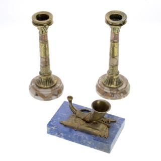 Appraisal: Pr Egyptian Revival brass and marble candlesticks Pr Egyptian Revival