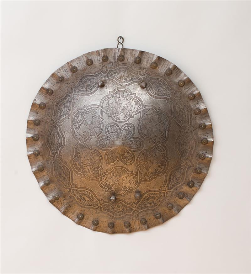 Appraisal: INDO-PERSIAN ENGRAVED STEEL CIRCULAR SHIELD in diam Property from the