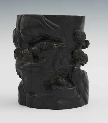 Appraisal: A Chinese Carved Zitan Brush Pot Front carved with a