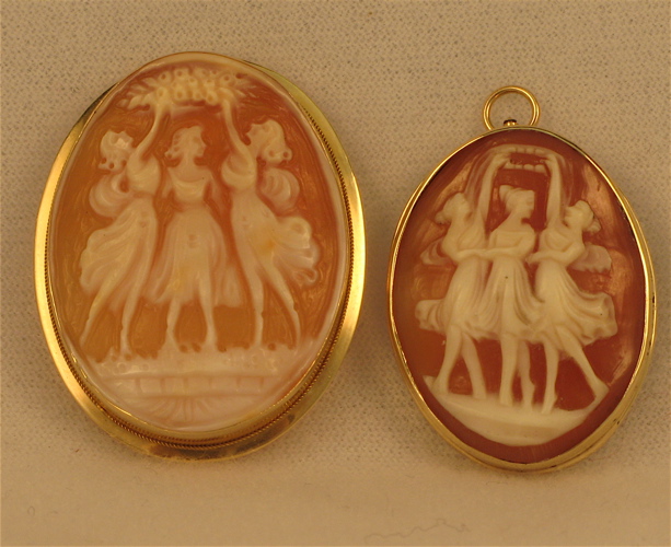 Appraisal: TWO VICTORIAN CAMEO BROOCH PENDANTS each framed in K yellow