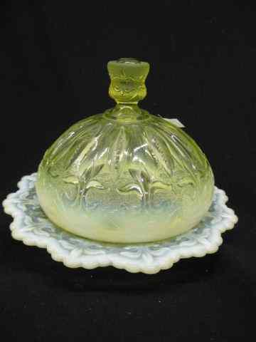 Appraisal: Vaseline Opalescent Glass butter Dish Victorian scarce pattern fleur-di-les design