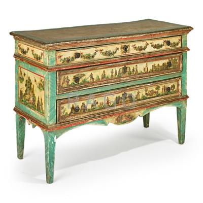 Appraisal: LACCA POVERA COMMODE Paint-decorated with floral and figural drawer fronts