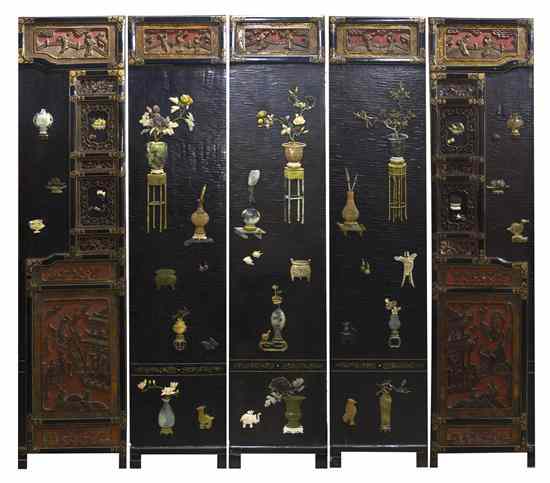 Appraisal: A Chinese Five Panel Hardstone and Lacquer Floor Screen the