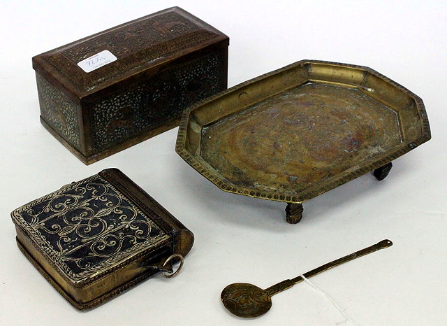 Appraisal: A PERSIAN BRASS ENGRAVED BOX with lid engraved with exotic