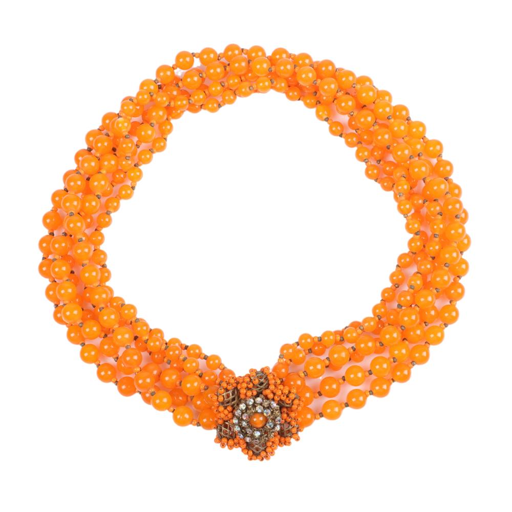 Appraisal: MIRIAM HASKELL -STRAND GRADUATED ORANGE GLASS BEAD NECKLACE WITH DECORATIVE