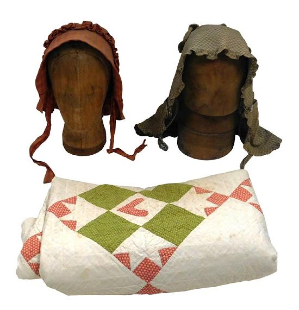 Appraisal: TEXTILES Quilt and two bonnets on hat molds American th