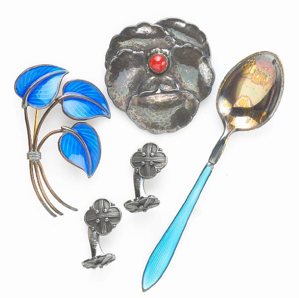 Appraisal: A collection of silver objects including a brooch and pair