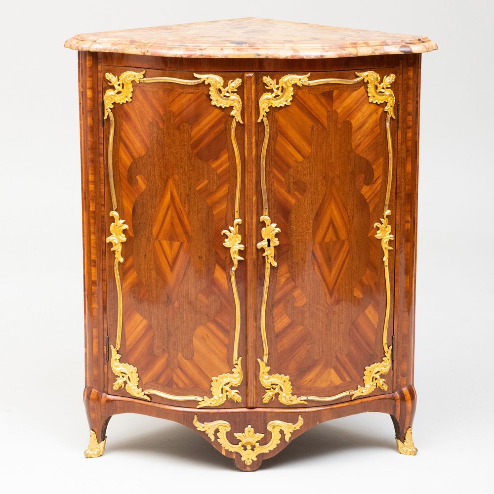 Appraisal: Early Louis XV Ormolu-Mounted Kingwood and Amaranth Parquetry Encoignure Stamped