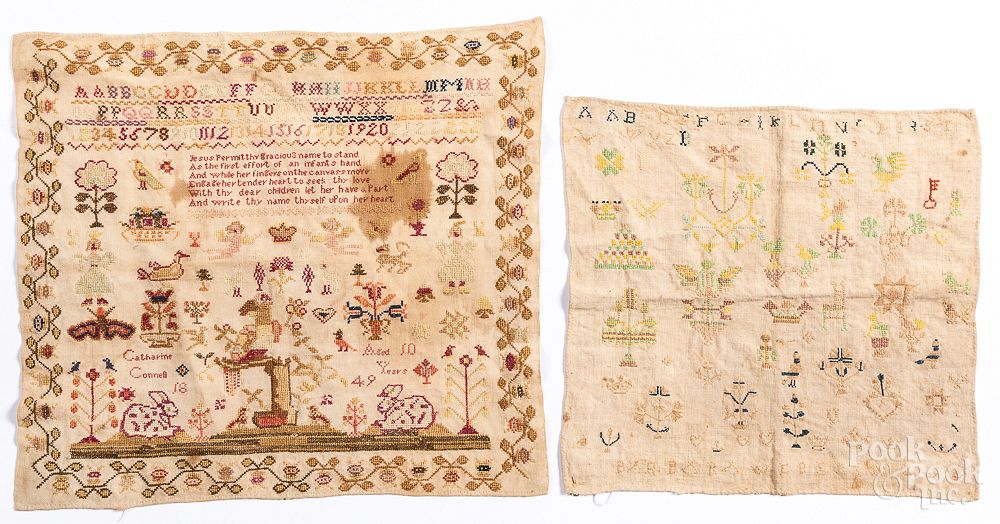 Appraisal: Four silk on linen samplers th c Four silk on