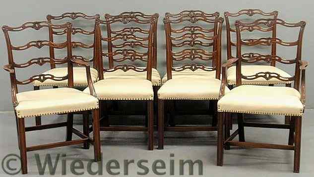 Appraisal: Set of eight Philadelphia Chippendale style ribbon-back chairs six side