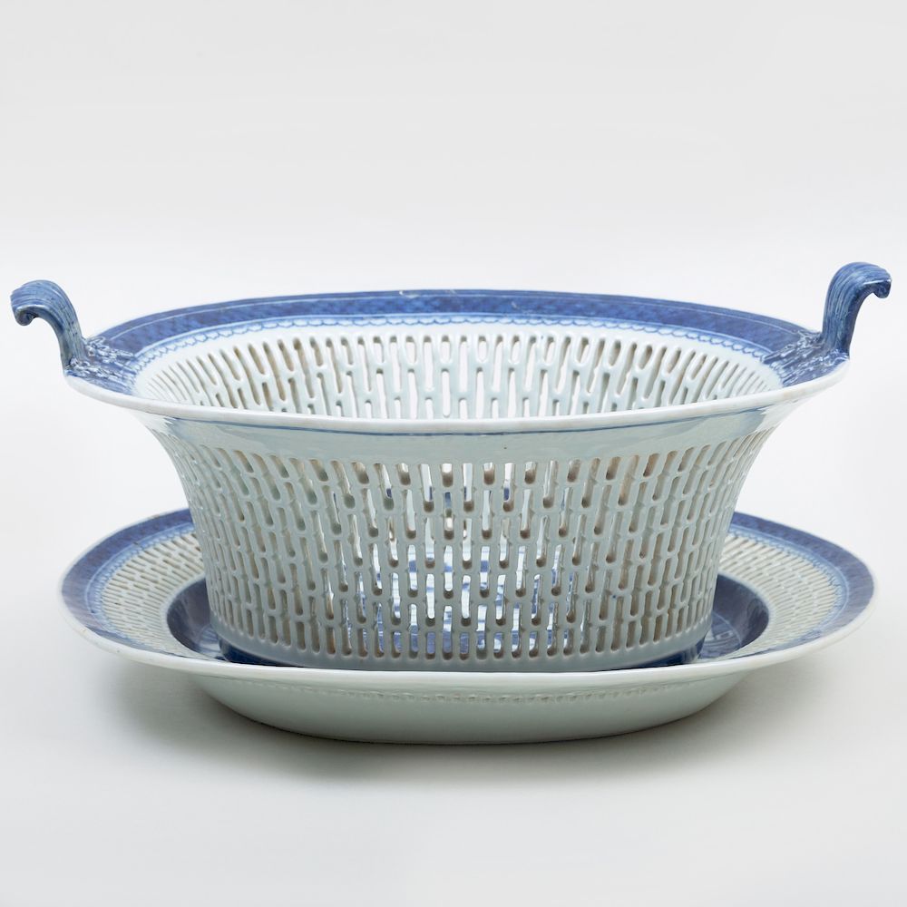 Appraisal: Chinese Export Porcelain Blue and White Canton Chestnut Basket and