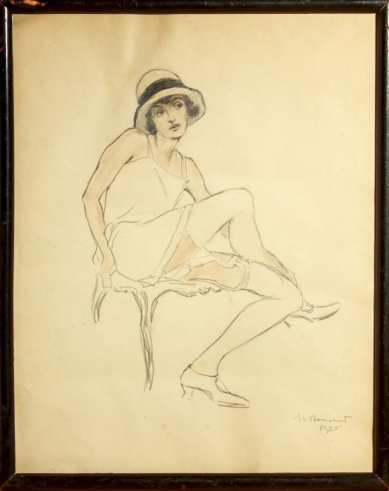 Appraisal: Art Deco Flapper Girl Erotica Signed Drawing Art Deco signed