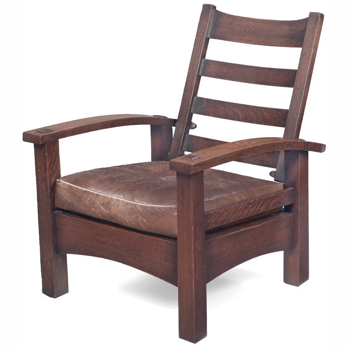 Appraisal: Early Gustav Stickley Morris chair c desirable narrow bow-arm form