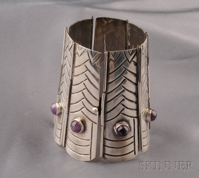 Appraisal: Sterling Silver and Amethyst Manchette Bracelet Mexico composed of incised