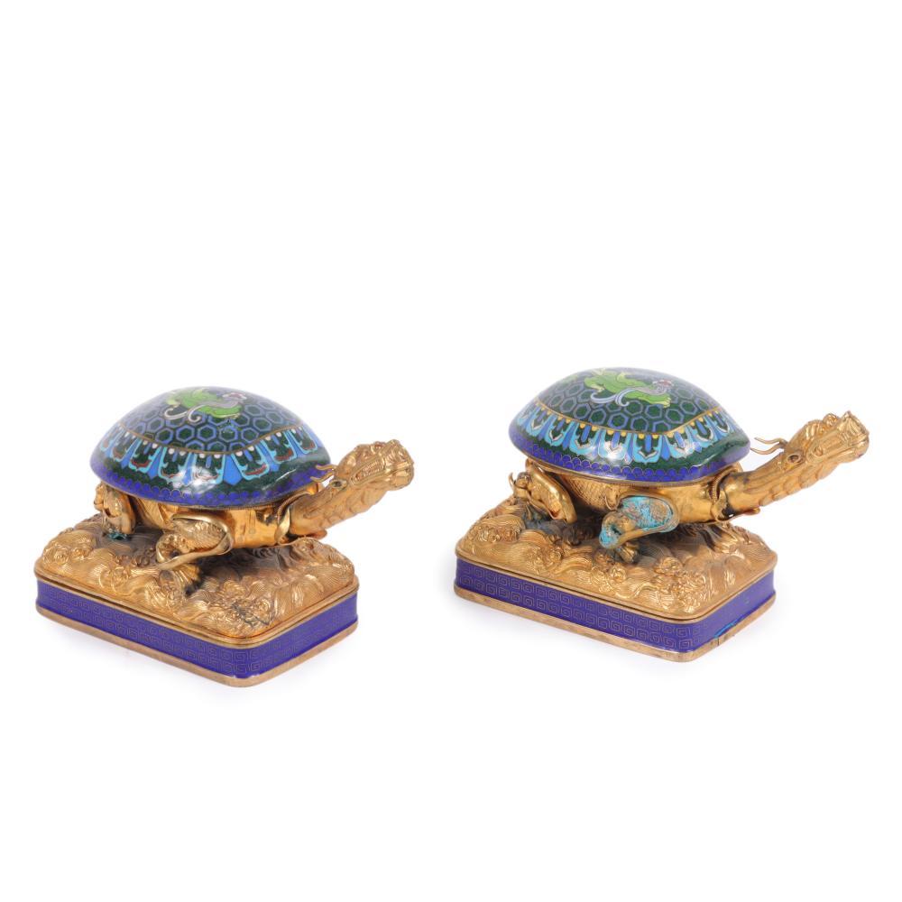 Appraisal: PAIR CHINESE CLOISONNE BIXI DRAGON TORTOISE FIGURAL BOXES WITH BLUE