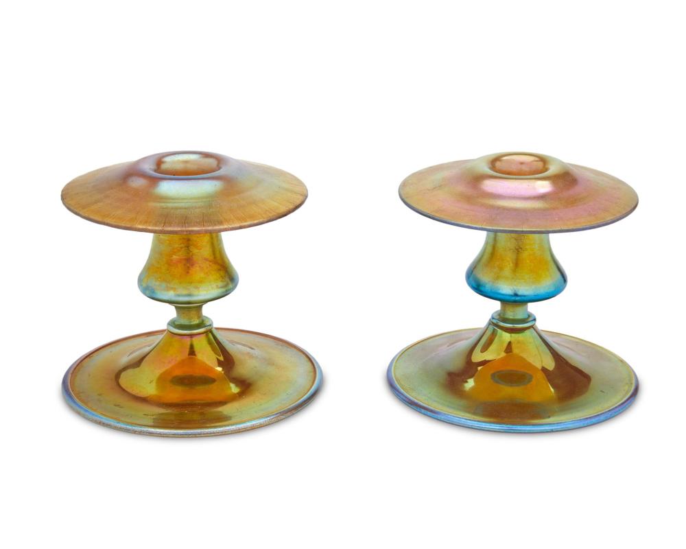 Appraisal: A pair of Steuben Aurene glass candlesticks Circa - Corning