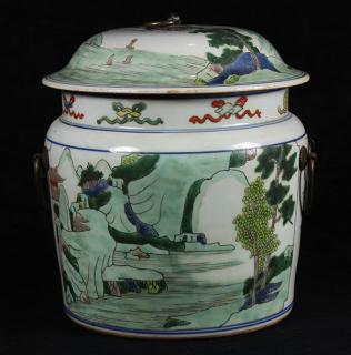 Appraisal: Chinese Wucai Porcelain Jar Chinese wucai decorated porcelain covered jar