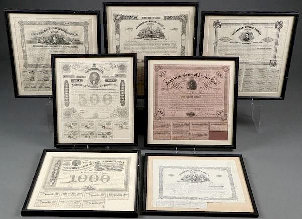 Appraisal: A GROUP OF SEVEN CONFEDERATE WAR BONDS A GROUP OF