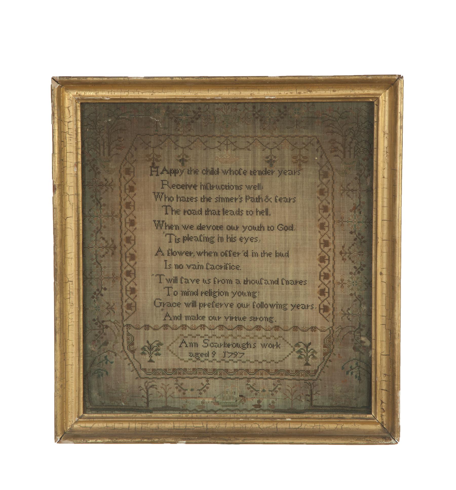 Appraisal: ENGLISH SAMPLER Silk on linen Finely stitched with verse and