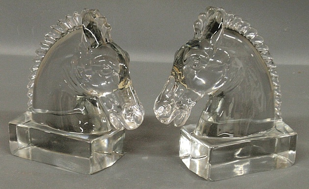 Appraisal: - Pair of glass horse head bookends c probably Heisey