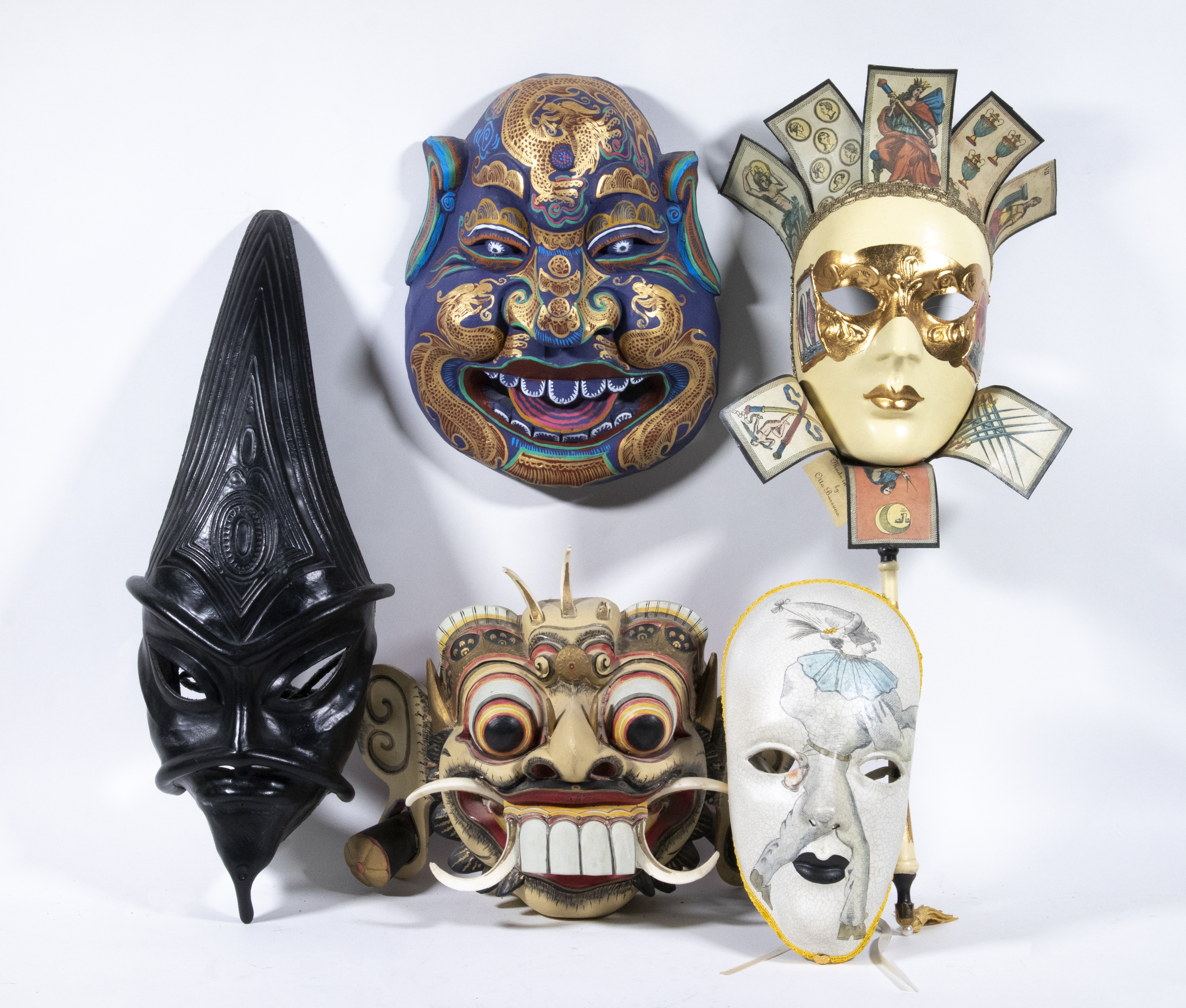 Appraisal: HANDMADE THEATRICAL MASKS FROM VARIOUS COMPANIES Including Venetian with playing