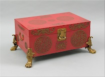 Appraisal: Chinese Red Leather Trunk on Claw Feet The rectangular red