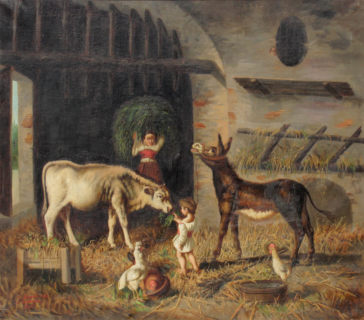 Appraisal: MORMILE Gaetano Italian - Italian Barnyard Interior with Children Feeding