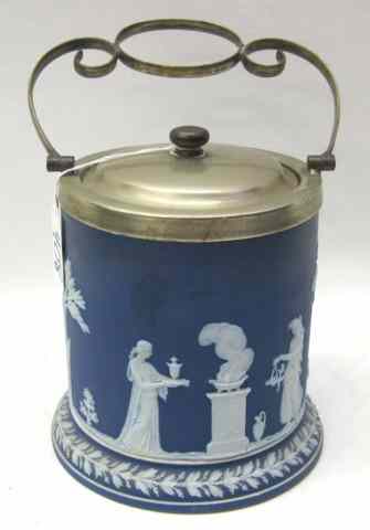 Appraisal: WEDGWOOD JASPERWARE SILVERPLATED BISCUIT BAREL white classical figures on blue