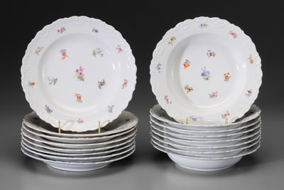 Appraisal: pieces Meissen porcelain eight shallow bowls hand-painted floral sprigs raised