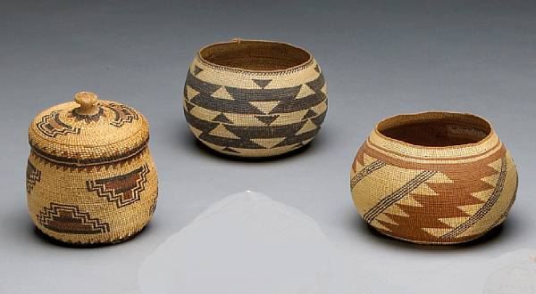 Appraisal: Three Northwest California baskets One a lidded example with openwork