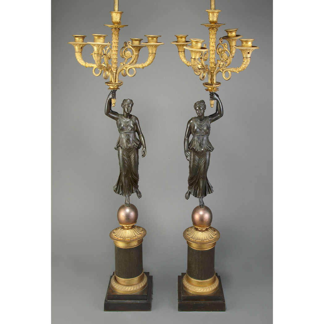 Appraisal: Pair of Empire Style Gilt and Patinated-Spelter Candelabra Mid th