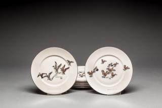 Appraisal: Eight Plates by Lynn Bogue Hunt c in Silver-edged dinner