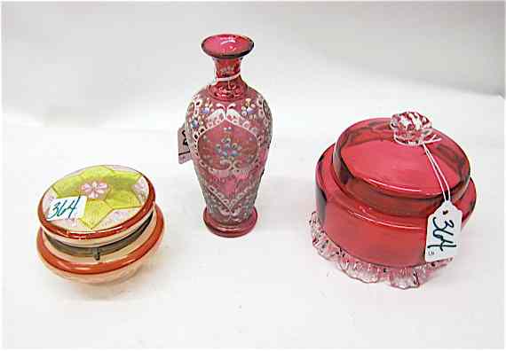 Appraisal: THREE PIECES ART GLASS hand enameled cranberry glass bud vase