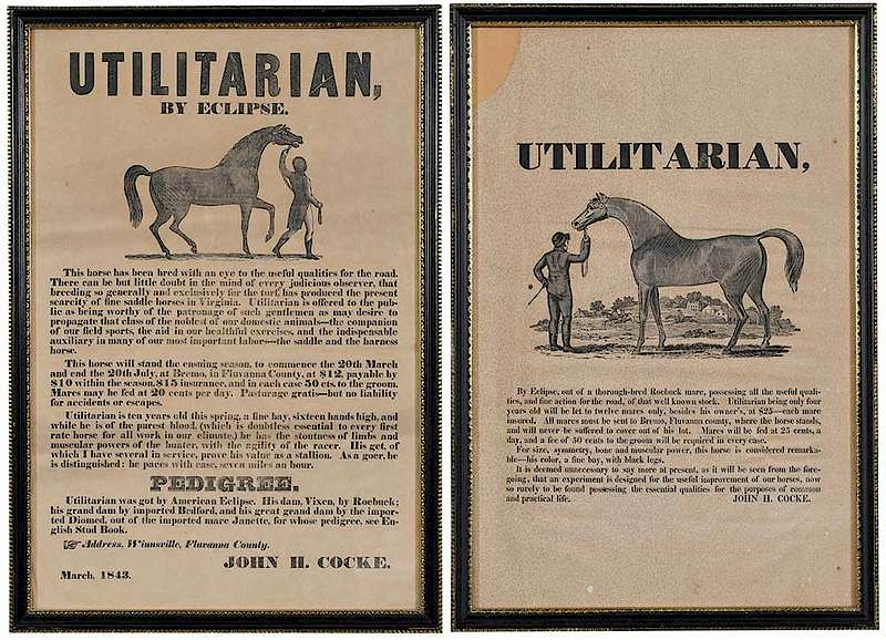 Appraisal: Two Bremo Plantation Horse Broadsides Fluvanna County Virginia one dated