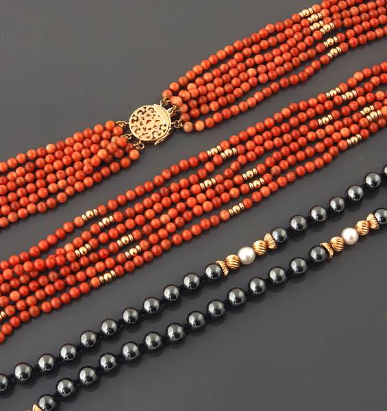 Appraisal: A collection of two bead and k gold necklaces one