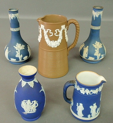 Appraisal: - Three blue Wedgwood vases tallest h a pitcher and