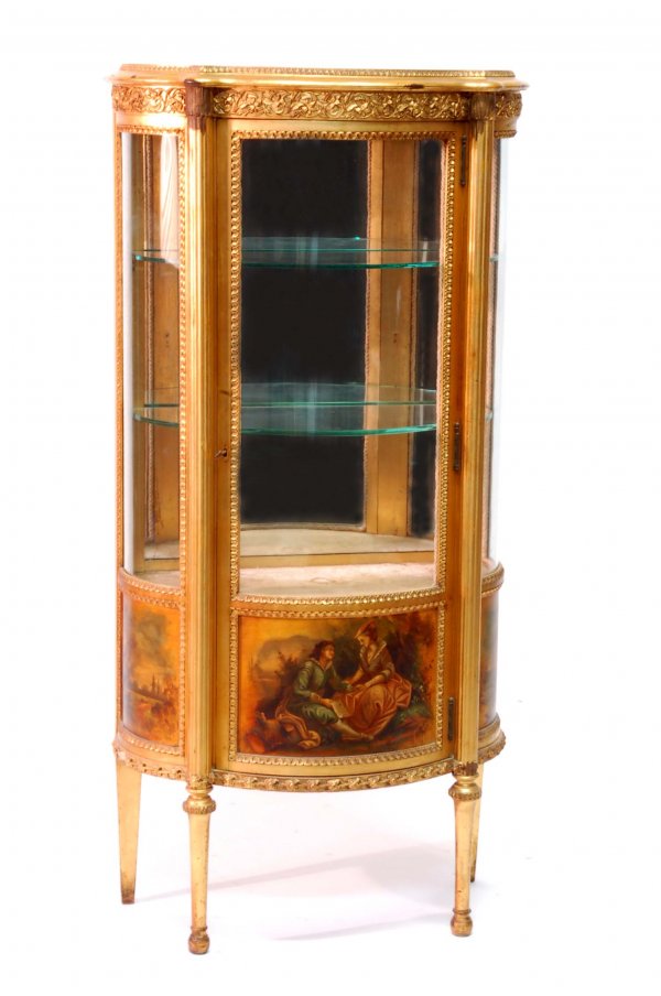 Appraisal: French gilded vitrine cabinet with painted scene Bow front Fluted