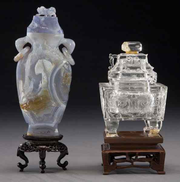 Appraisal: Pcs Chinese Qing carvings including rock crystal censer depicting cranes