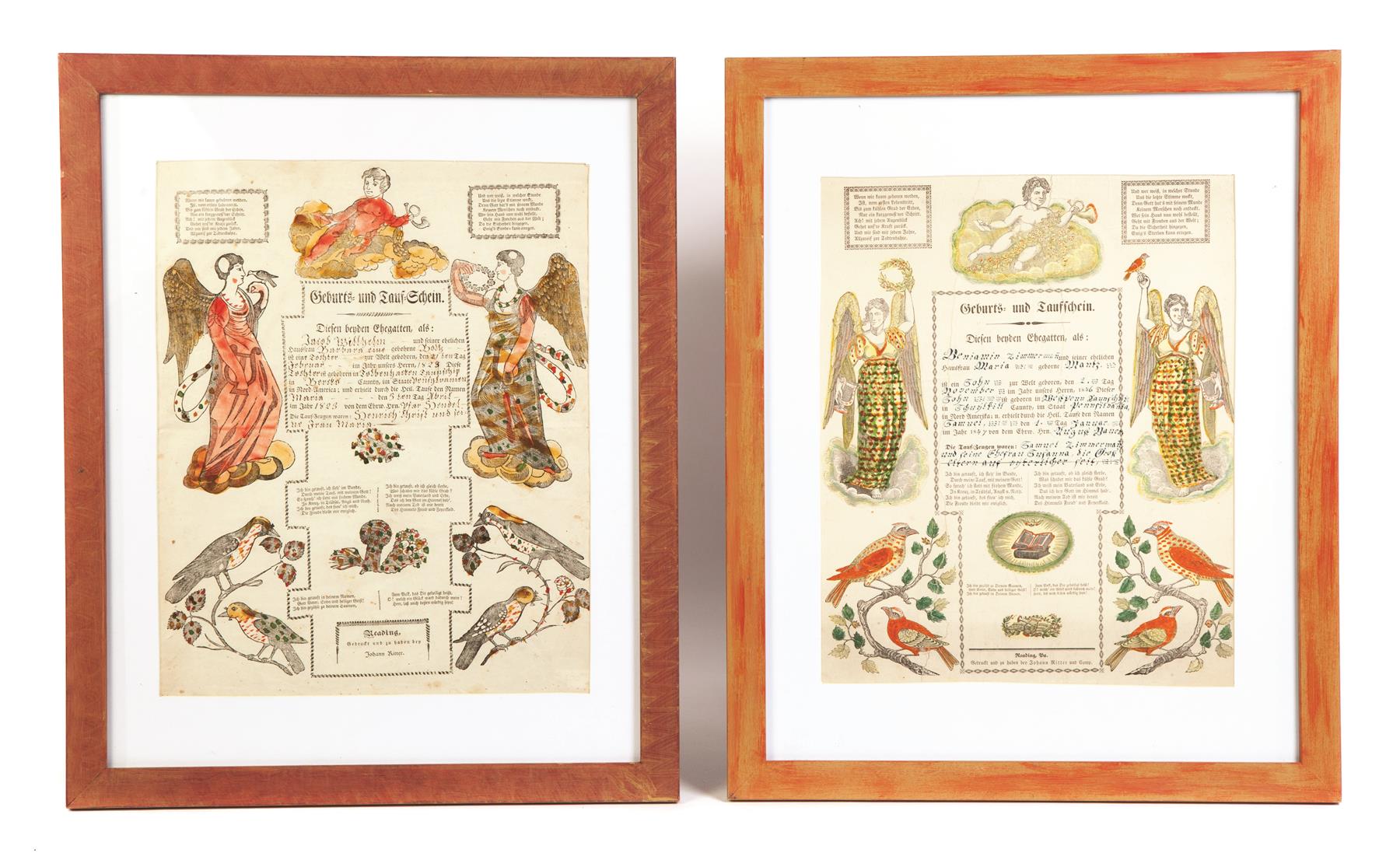 Appraisal: TWO FRAMED PRINTED AND HANDCOLORED FRAKTUR FROM PENNSYLVANIA German typesetting