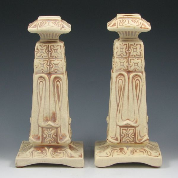 Appraisal: Pair of Weller Ivory candleholders Unmarked Hairline to base of