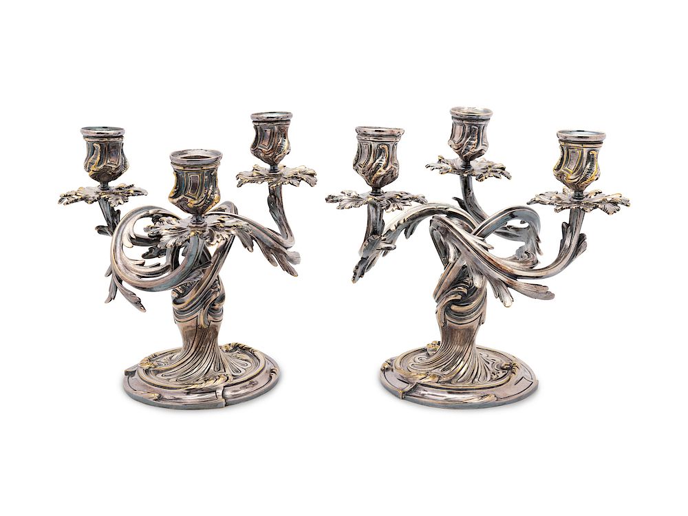 Appraisal: A Pair of Christofle Trianon Silver Plate Three-Light Candelabra EARLY