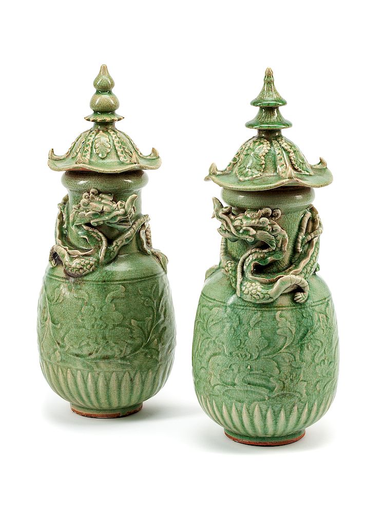 Appraisal: A Pair of Chinese Celadon Porcelain Jars A Pair of